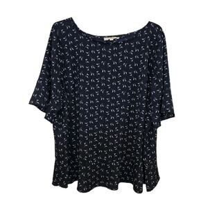 Loft Womens flowy Blouse Top Navy Blue Short Sleeve Ruffle Back Size 24 Summer